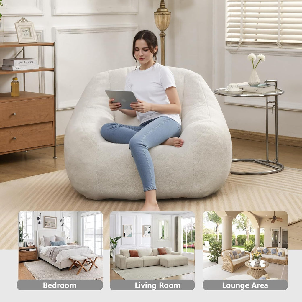MINCETA Bean Bag Chair for Adults, Comfy Bean Bag Sofa with Armrest, White BeanBag Chair with Back Support for Living Room, Bedroom