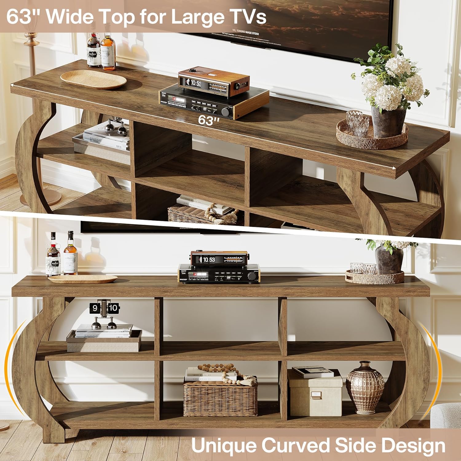 Tribesigns 63" TV Stand for 55/60/65/75-Inch TVs, Farmhouse Entertainment Center with Open Storage Shelves, Wooden Media TV Console for Living Room, Bedroom, Rustic Brown