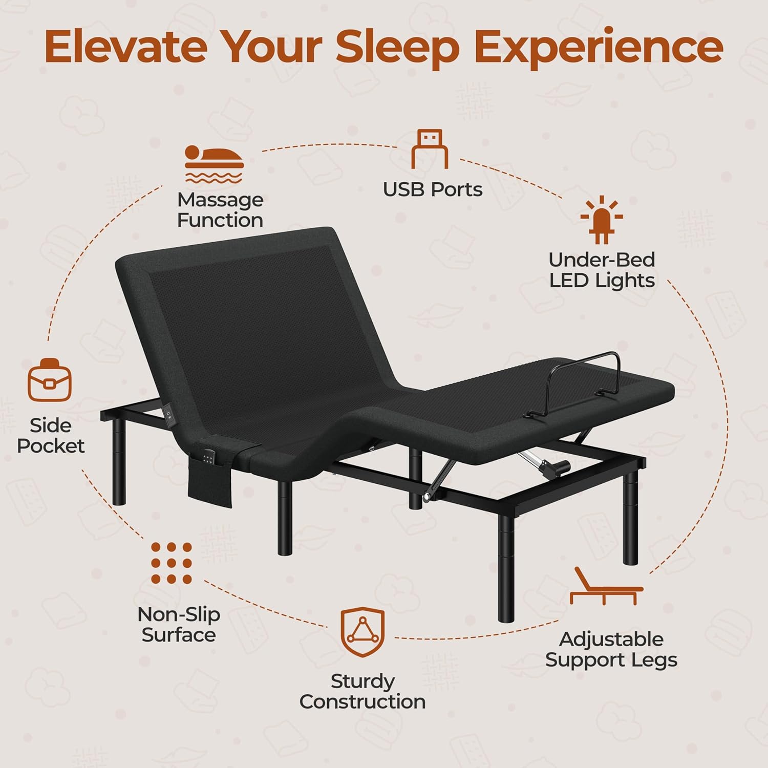 Yaheetech Twin XL Adjustable Bed Frame,w/Wireless Remote,Massage Function,Nightlight,4 Height-Adjustable Legs,Head & Foot Incline,USB Ports,Easy Assembly(3-Step)