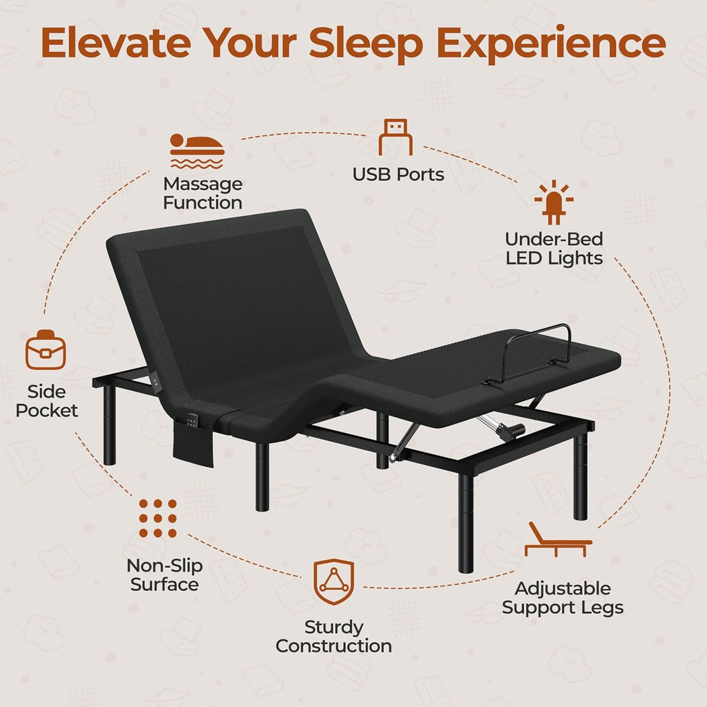 Yaheetech Twin XL Adjustable Bed Frame,w/Wireless Remote,Massage Function,Nightlight,4 Height-Adjustable Legs,Head & Foot Incline,USB Ports,Easy Assembly(3-Step)