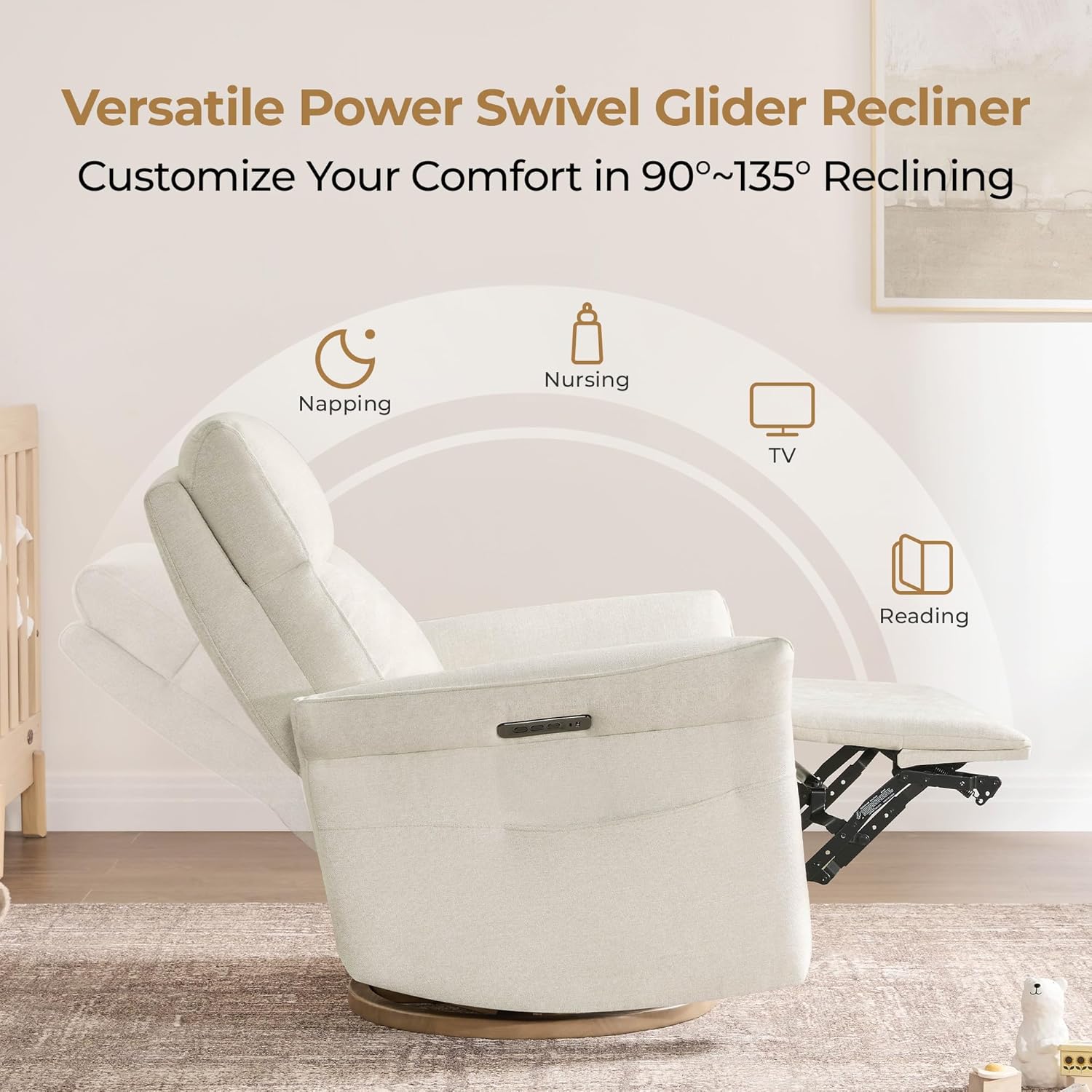 CHITA Power Recliner Chair, Electric Triple-Motor Swivel Glider Nursery Rocking Chair with Adjustable Power Headrest and Lumbar Support, GREENGARD Gold Certified, Solid Wood Base, Linen