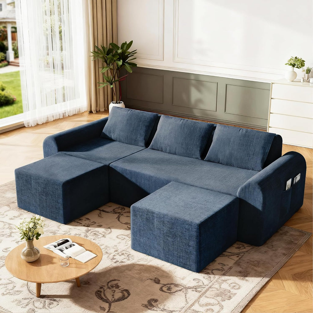 86.6" Cloud Boneless Sectional Sofa with Ottoman, L-Shaped Modular Couch for Living Room, Ultra Deep Seat Chenille Fabric Sofa, No Assembly Required, Blue