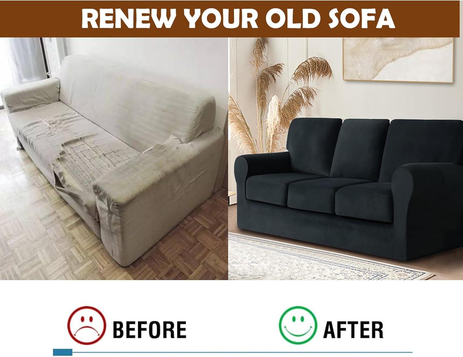 3 Pieces Velvet High Stretch Sofa Covers for 1 Cushion Couch Sofa Slipcovers, Washable Furniture Protector with Drawstring Anti Slip Bottom, Soft and Plush Fabric for Kids and Pet (Black)