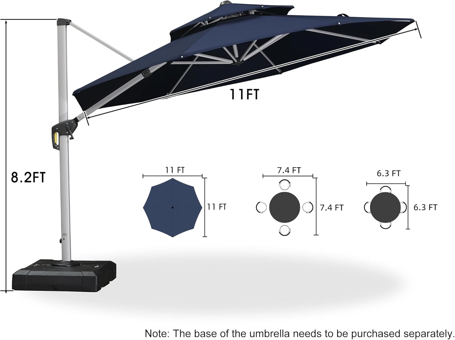 PURPLE LEAF 11 Feet Patio Umbrella Outdoor Round Umbrella Large Cantilever Umbrella Windproof Offset Heavy Duty Sun for Garden Deck Pool Patio, Navy Blue
