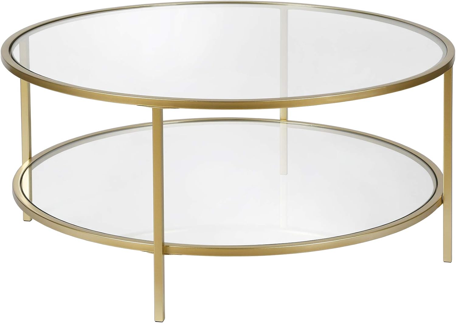 Henn&Hart 36" Wide Round Coffee Table with Glass Top in Brass, Round Coffee Table for living room, studio apartment essentials