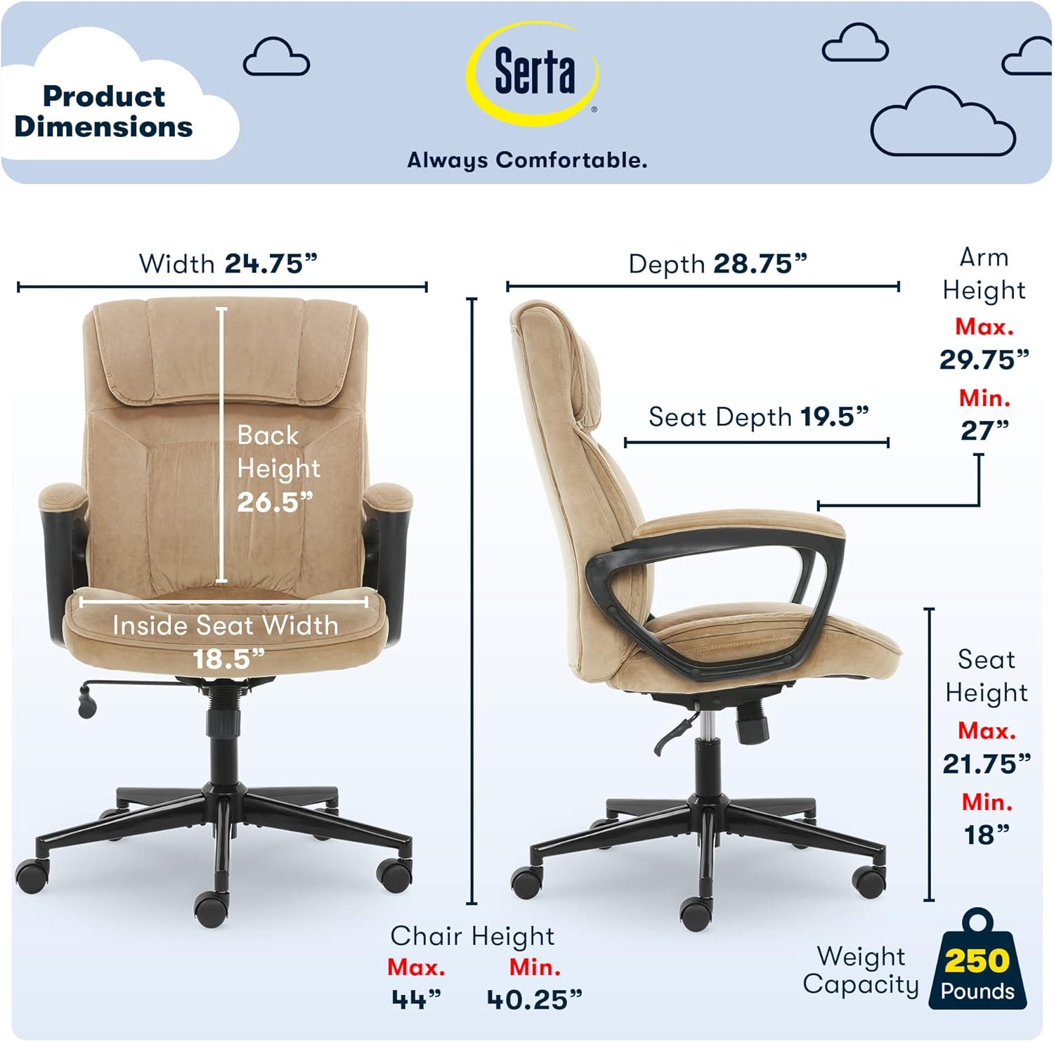 Serta® Hannah Executive Home Office Desk Chair, Ergonomic Mid-Back with Lumbar Support, Firm Seat Cushion, Layered Body Pillows, Padded Armrests, Swivel Base, Easy Assembly, Microfiber, Beige