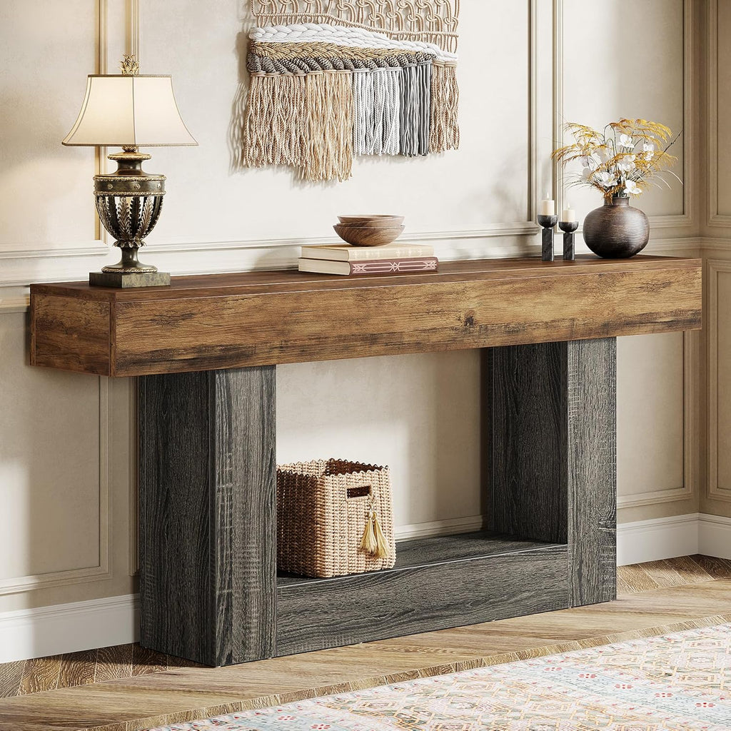 Tribesigns 63" Console Table, Farmhouse 2-Tier Entryway Table with U-Shaped Base, Narrow Long Wood Sofa Table Behind Couch Table for Living Room, Hallway, Foyer, Vintage Brown & Gray | Farmhouse, Entryway Table, Narrow, Long, Sofa Table, Behind Couch