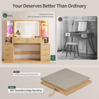 Big Vanity, Fluted Wood Makeup Vanity Desk with Mirror and Sound Sync LED Lights, Large Vanity Dressing Table, 8 Drawers, Charging Station for Girls, Women (Oak, 59.1" Width)