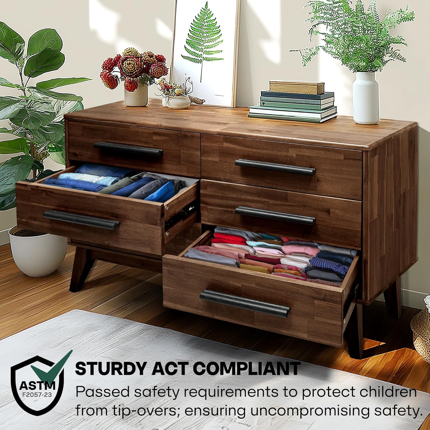 Acacia Legacy Dresser for Bedroom with 6 Drawers, Solid Wood Double Dresser for Bedroom, Living Room, Hallway, Walnut