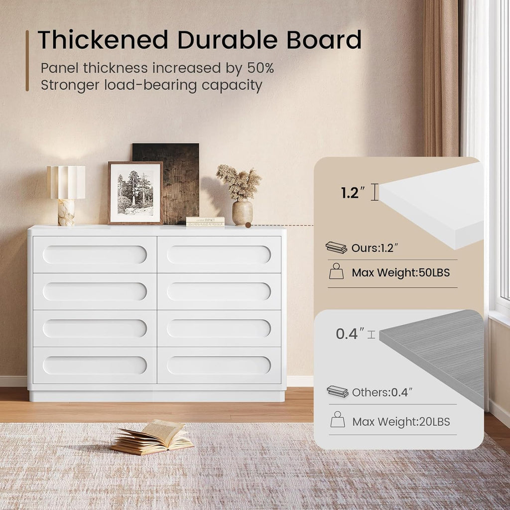 White Dresser for Bedroom with 8 Drawers, 47.2" Wide Dresser for Closet with Deep Drawer, Large Wood TV Stand, Modern Chest of Drawers for Bedroom, Hallway