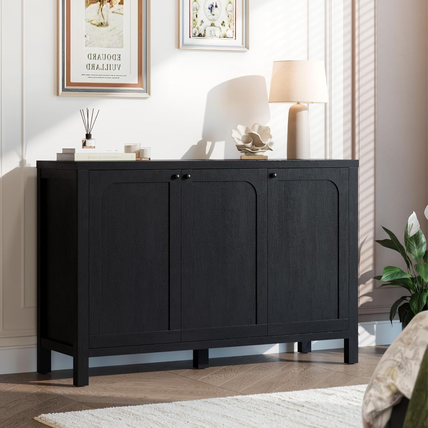 47" Black Sideboard Buffet Cabinet with Storage Modern Credenza with Doors Heavy Duty Wood TV Media Console Table Accent Cabinet for Living Room Hallway Entryway