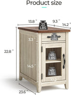 LINSY HOME Farmhouse End Table with Charging Station, Narrow Side Table for Living Room, Sofa Side Table with Drawer and Storage Cabinet, Small Nightstand for Home Office