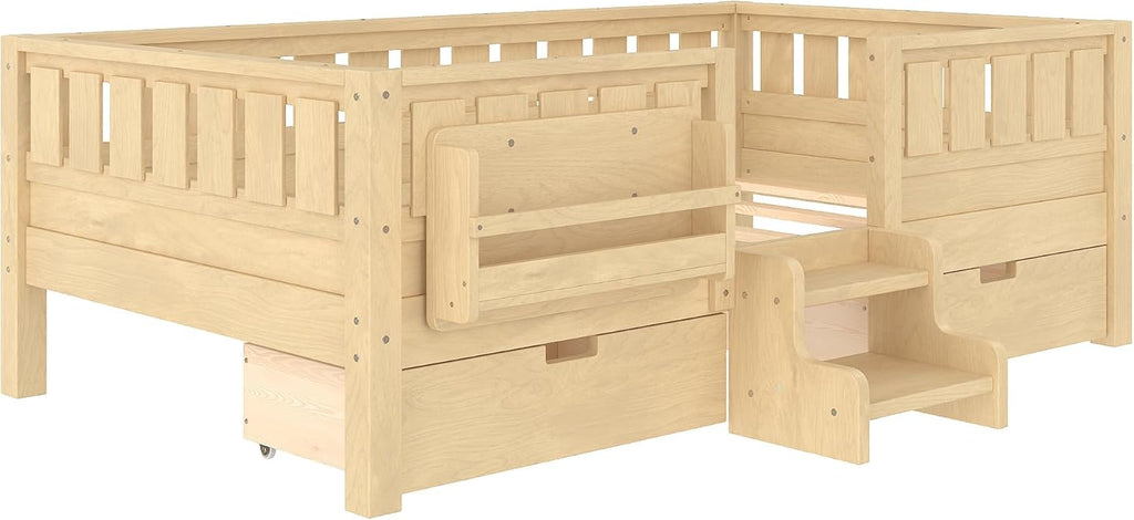 Bellemave Twin Size Bed with Slats and Stairs, Twin Size Platform Bed Frame with Fence, Bookshelf and Storage Drawers, Easy Assemble Beds for Girls, Boys, Light Natural