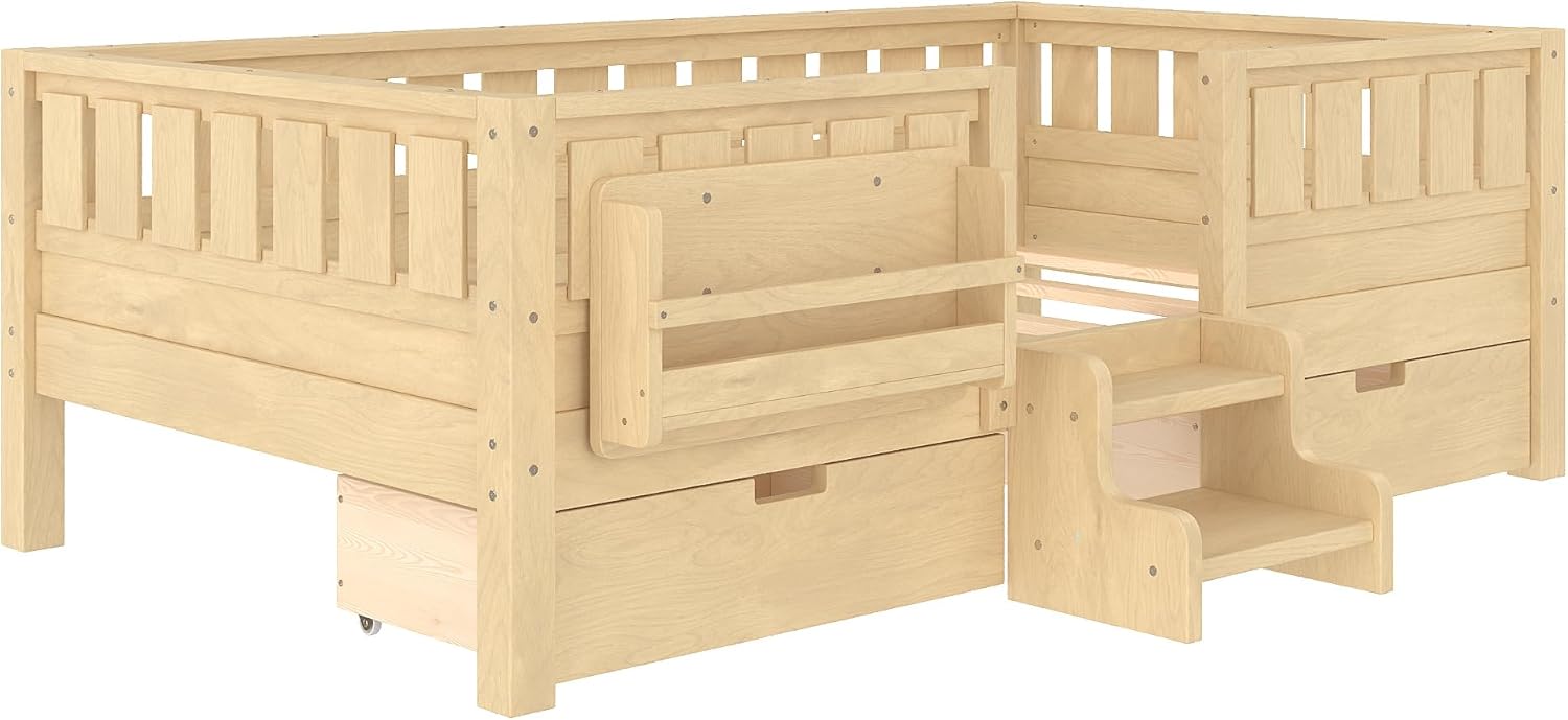Bellemave Twin Size Bed with Slats and Stairs, Twin Size Platform Bed Frame with Fence, Bookshelf and Storage Drawers, Easy Assemble Beds for Girls, Boys, Light Natural