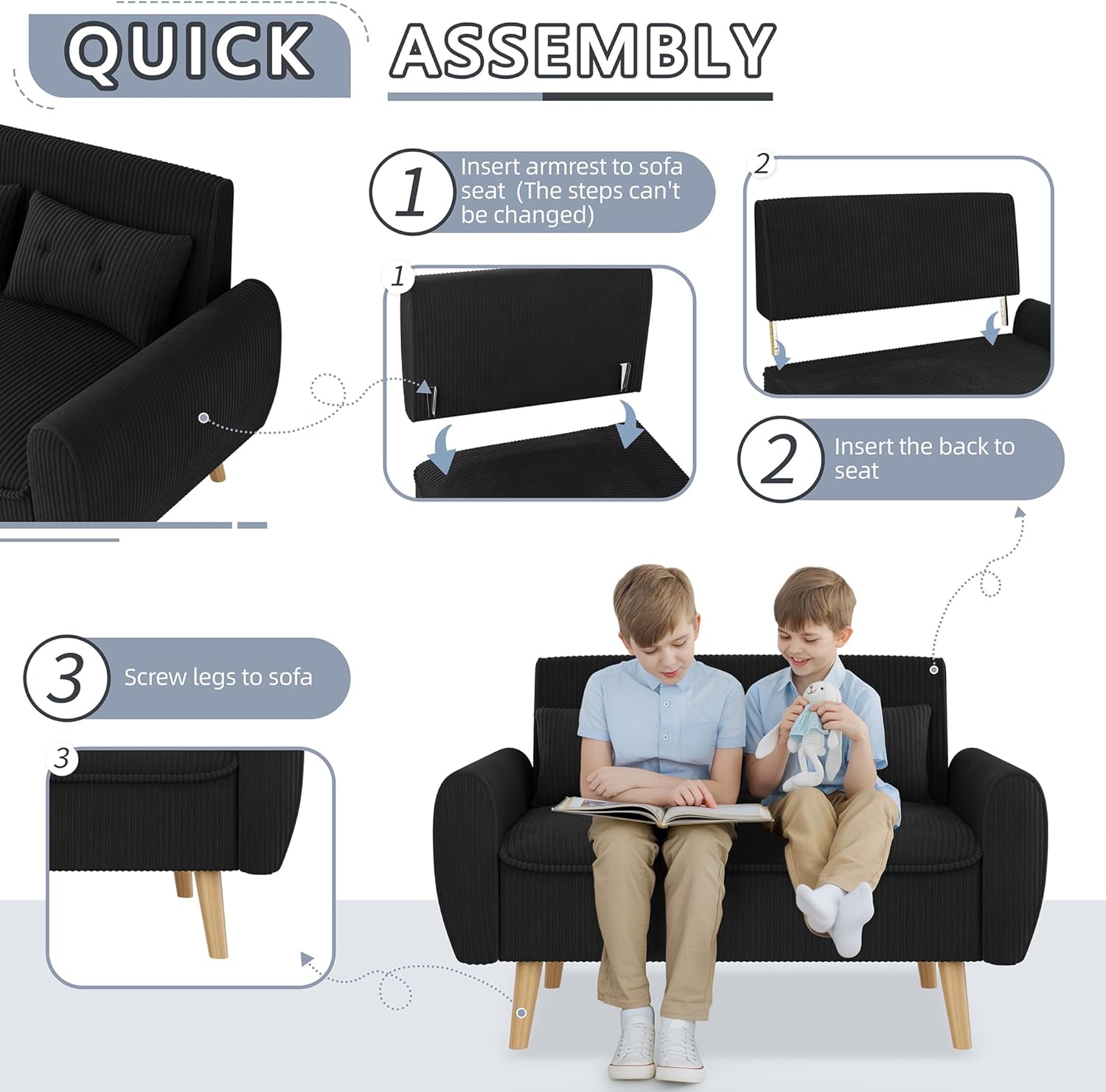 Shintenchi Small Modern Loveseat Couch Sofa, Mid Century Fabric Upholstered 2-Seat Sofa Couch Love Seats Furniture for Small Space,Living Room,Studio,Apartment with 2 Pillows,Black