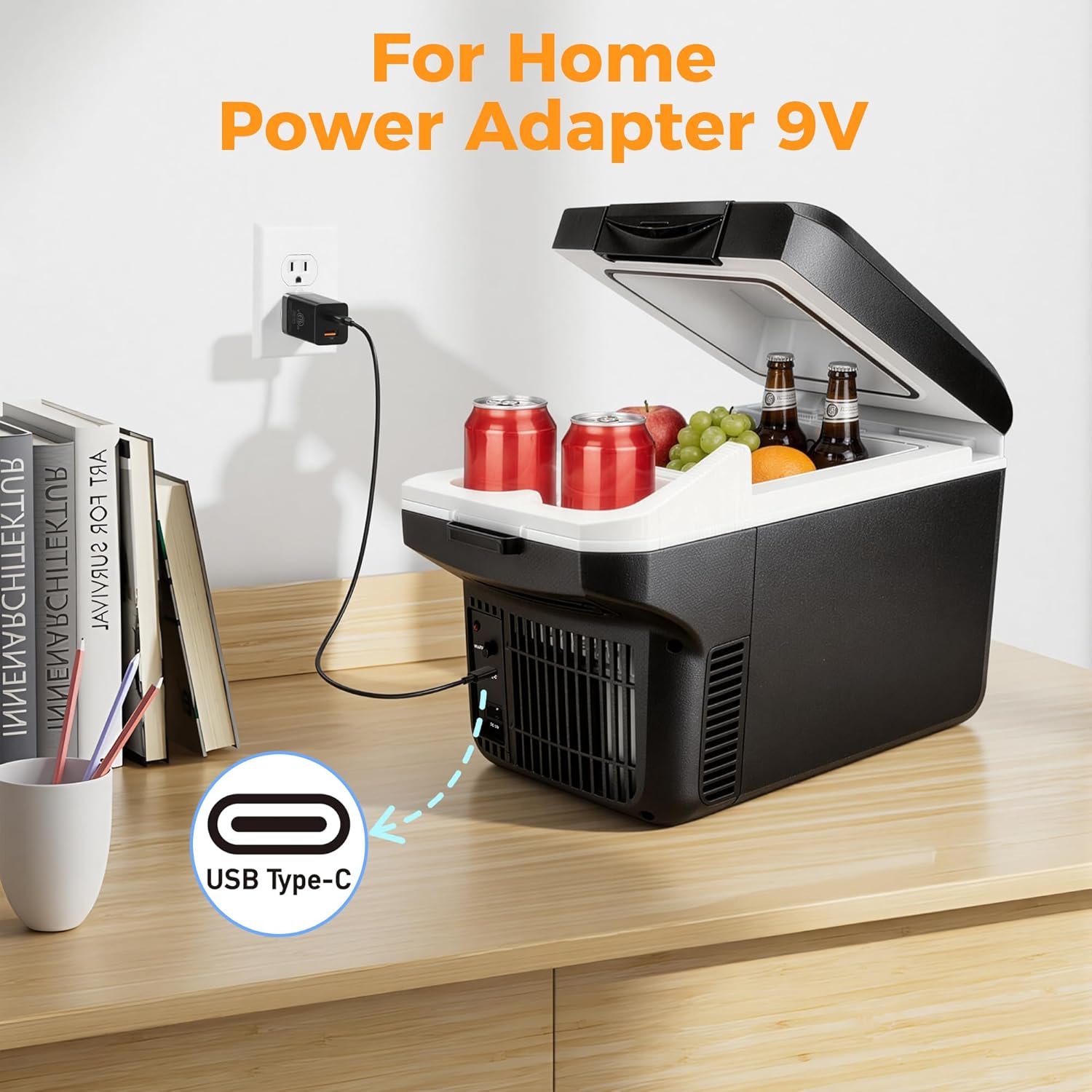 Iceblue Electric Cooler with Type-C, 8 Liter /11 Cans Mini Fridge with Belt, 9V Type-C Thermoelectric Dual-use Car Refrigerator, Car Fridge for Car, Dorm, Travel, Picnic, Gift (Black)