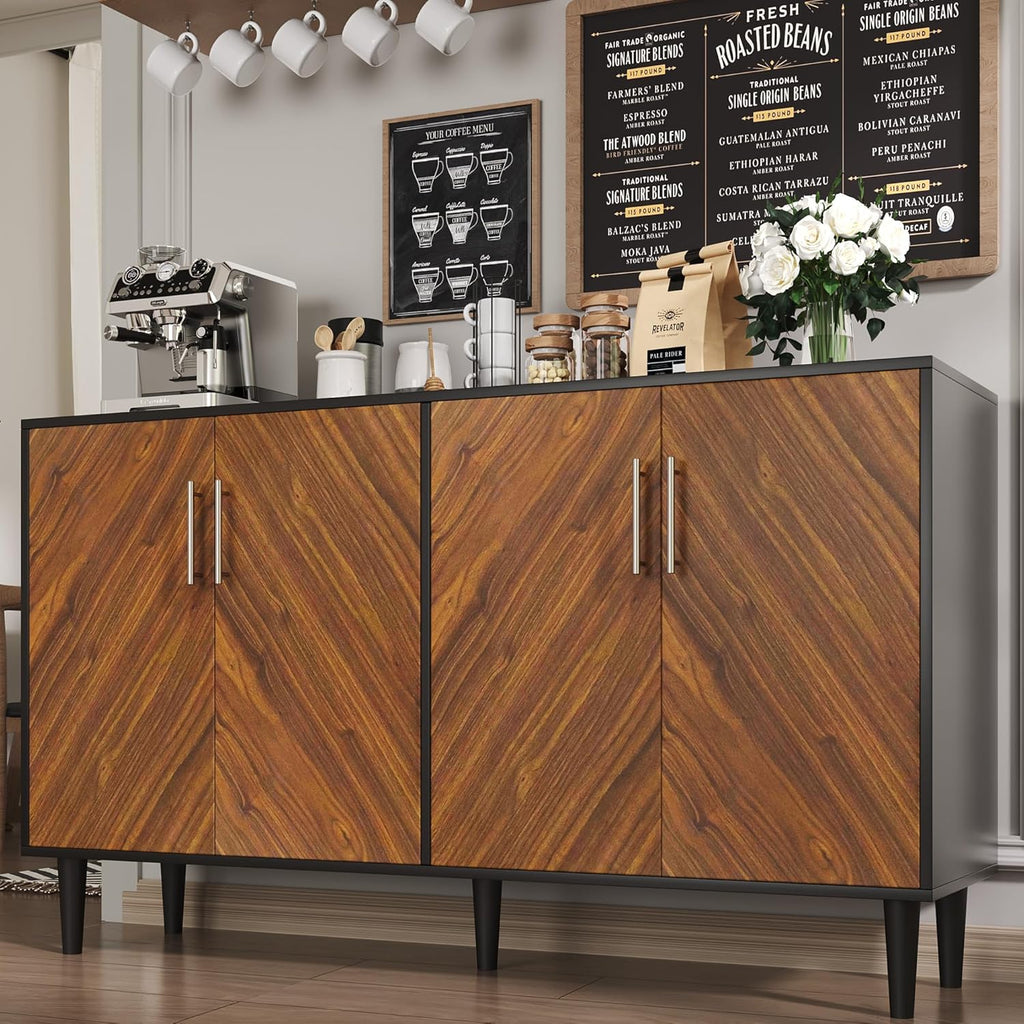 4 EVER WINNER 58" Buffet Cabinet with Storage, Coffee Bar Cabinet with 4 Large Doors, Storage Cabinet with Adjustable Shelves for Living Room, Kitchen, Black