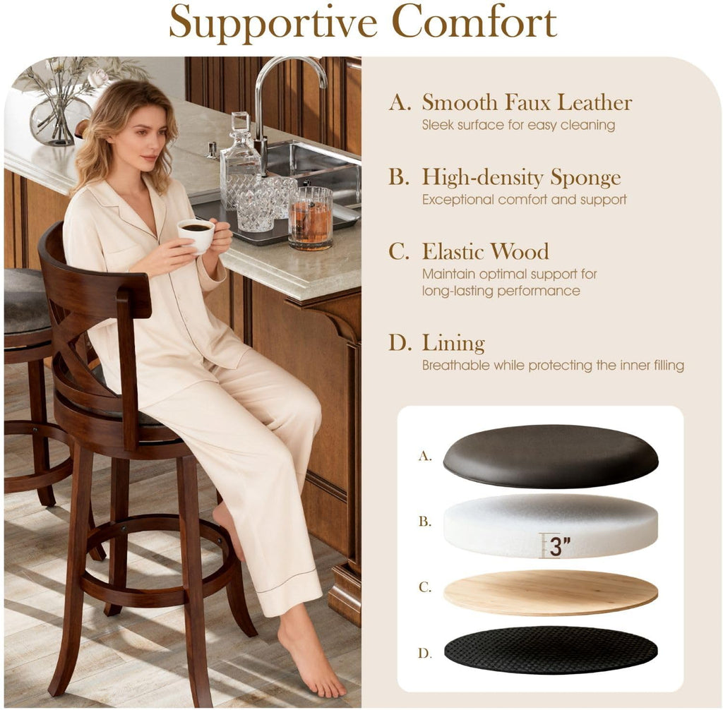 Sophia & William Swivel Bar Stools Set of 2, 360-Degree Swivel Stools with Cross Back, 30 Inch Walnut Kitchen Counter Bar Stools, Brown