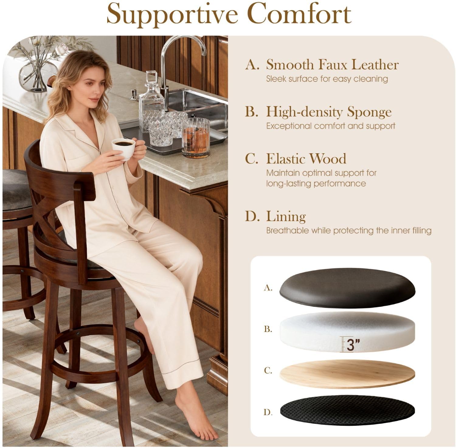 Sophia & William Swivel Bar Stools Set of 4, 30 Inch Bar Height Barstools with Cross Back & Walnut Wood Legs,Faux Leather Kitchen Stools, Brown