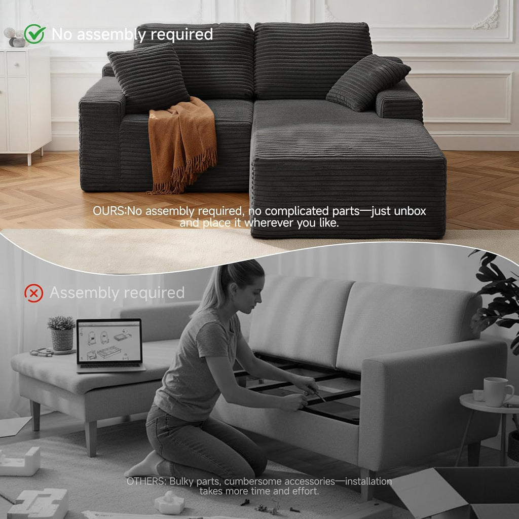 75" Cloud Modular Boneless Couch, L-Shaped Right Facing Chaise Sectional Sofa, Deep Seat Plush Corduroy Upholstery - Memory Foam Comfy Fluffy Couches for Living Room Bedroom, No Assembly Required
