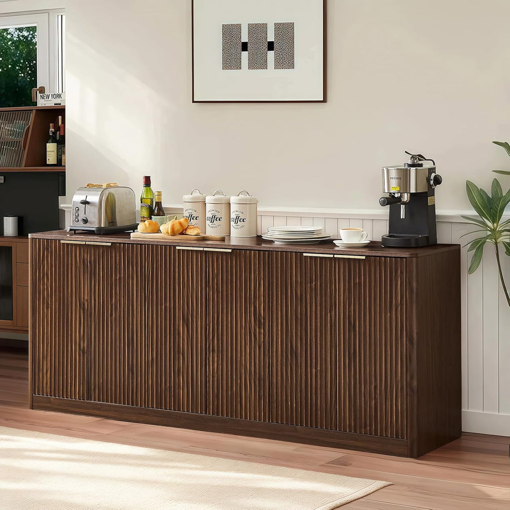 67" Fluted Buffet Cabinet Sideboard with Storage, Large Credenza with 6 Doors Accent Storage Cabinets Mid Century Modern Sideboard for Living Room Kitchen (Walnut)