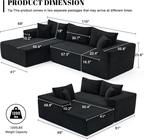 110” Cloud Sectional Couch, Boneless Sofa for Living Room, Modular Sectional Sofa with Deep Seat, Comfy Fluffy Couch with L-Shaped Chaise, No Assembly Required (Left-Facing Chaise, Black)