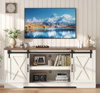 AMERLIFE 66" Farmhouse TV Stand for 75 Inches TVs, Entertainment Center with Sliding Barn Door and Adjustable Shelf & Feet, Console Table with Storage, Distressed White & Rustic