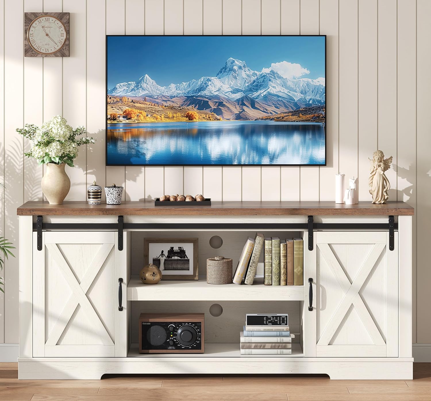 AMERLIFE 66" Farmhouse TV Stand for 75 Inches TVs, Entertainment Center with Sliding Barn Door and Adjustable Shelf & Feet, Console Table with Storage, Distressed White & Rustic