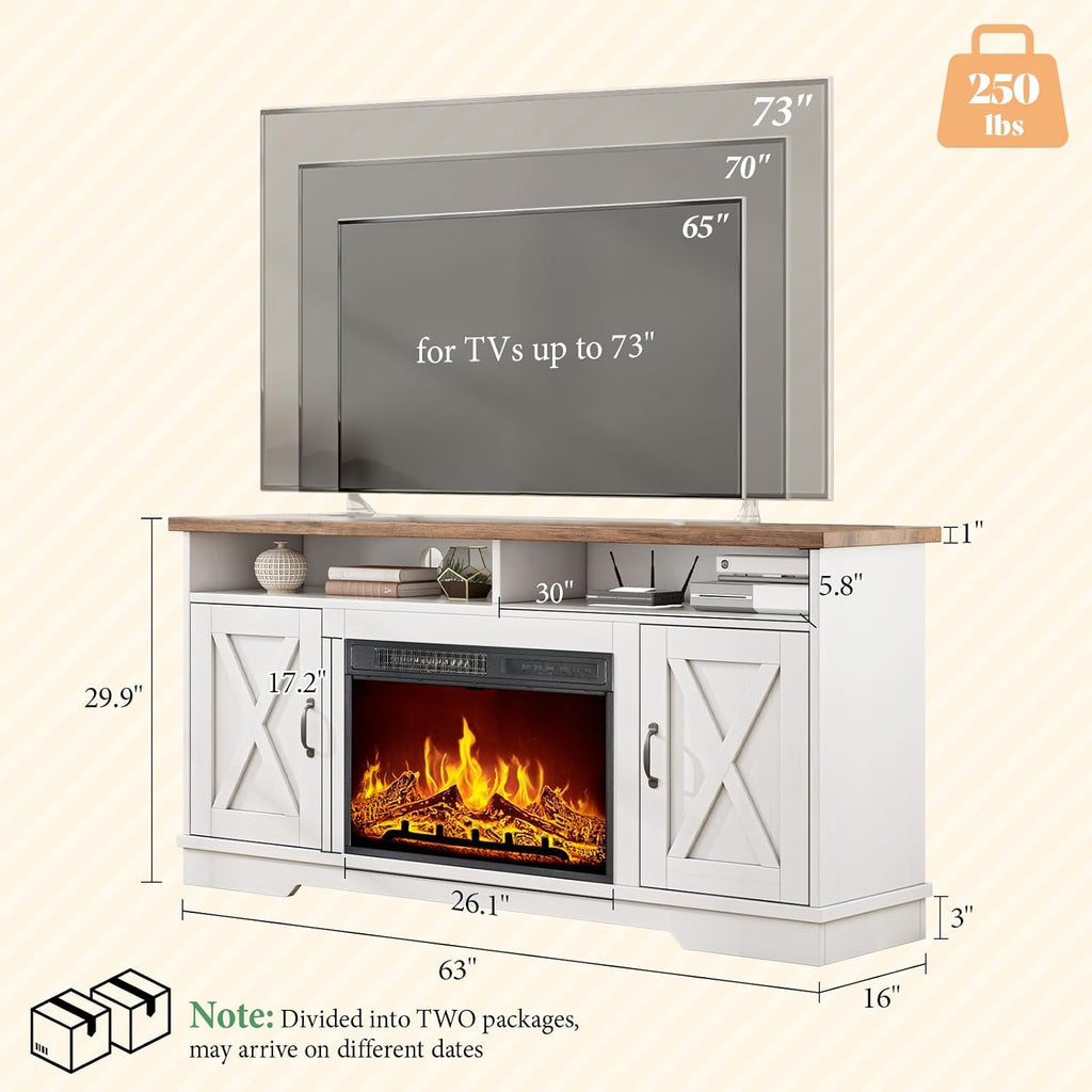 AMERLIFE 63" Farmhouse TV Stand with 26" Fireplace, for TVs up to 73", Media Entertainment Center with Adjustable Shelf & Barn Doors, Rustic TV Console Cabinet for Living Room, Rustic Oak & White