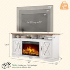 AMERLIFE 63" Farmhouse TV Stand with 26" Fireplace, for TVs up to 73", Media Entertainment Center with Adjustable Shelf & Barn Doors, Rustic TV Console Cabinet for Living Room, Rustic Oak & White