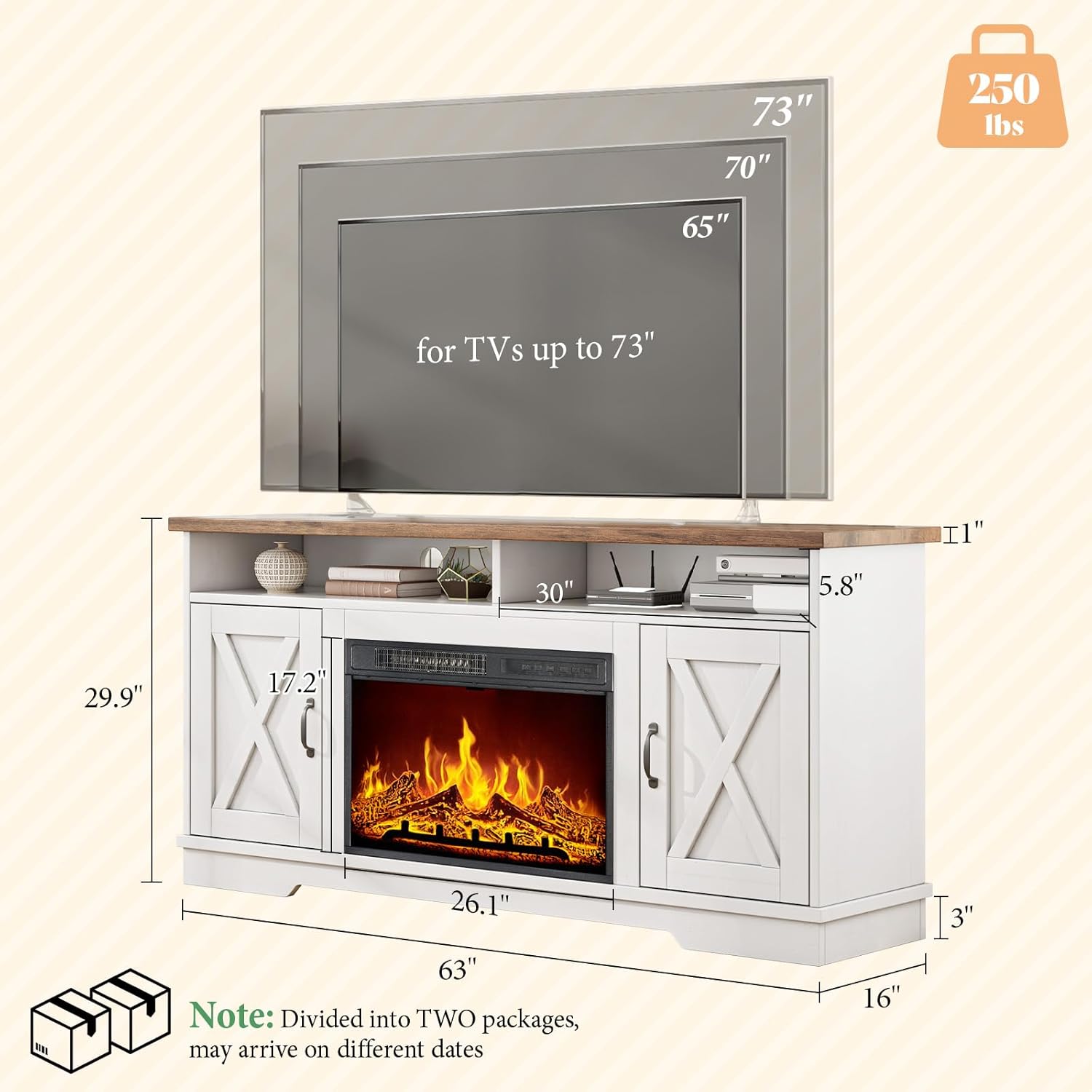 AMERLIFE 63" Farmhouse TV Stand with 26" Fireplace, for TVs up to 73", Media Entertainment Center with Adjustable Shelf & Barn Doors, Rustic TV Console Cabinet for Living Room, Rustic Oak & White