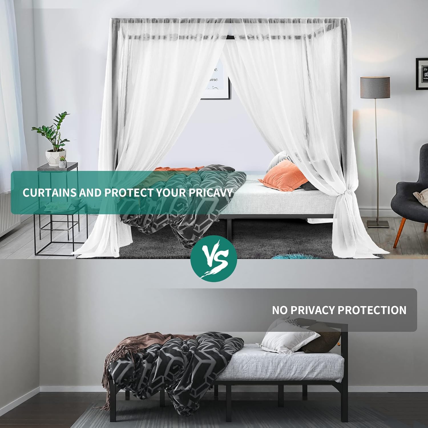 YITAHOME Metal Four Poster Canopy Bed Frame King Size, 14 Inch Platform with Built-in Headboard Strong Metal Slat Mattress Support, No Box Spring Needed, Black