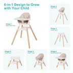 High Chair, 6 in 1 Wooden Convertible High Chairs for Babies and Toddlers, Booster Seat with Double Tray & Reversible Footrest Baby Highchair, 5-Point Harness Baby Feeding Chair, Beige