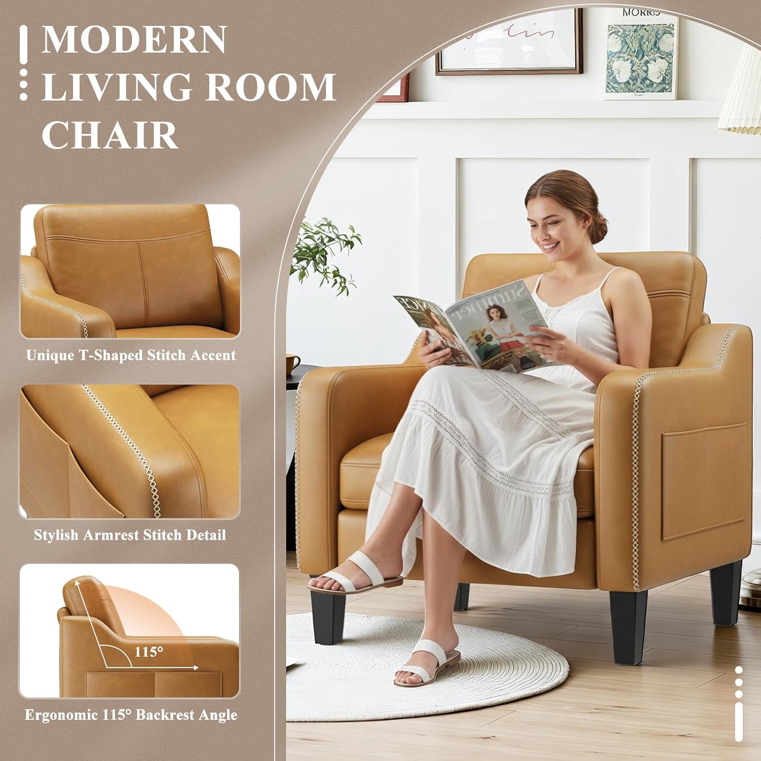 PU Leather Accent Chair Set of 2, Mid-Century Modern Living Room Armchair Sofa with Removable Cushions, Solid Wood Frame & Stitched Armrest Design, Bedroom Chair with Plastic Legs, Brown