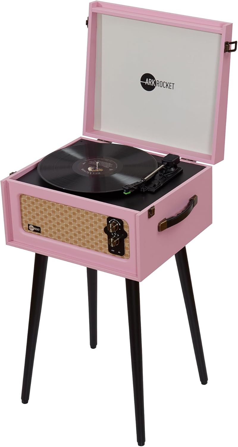 Arkrocket Discovery 3-Speed Bluetooth Record Player Retro Console Turntable with Built-in Speakers and Removable Legs (Pink)