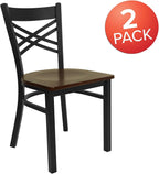 Flash Furniture 2 Pack HERCULES Series Black ''X'' Back Metal Restaurant Chair - Mahogany Wood Seat