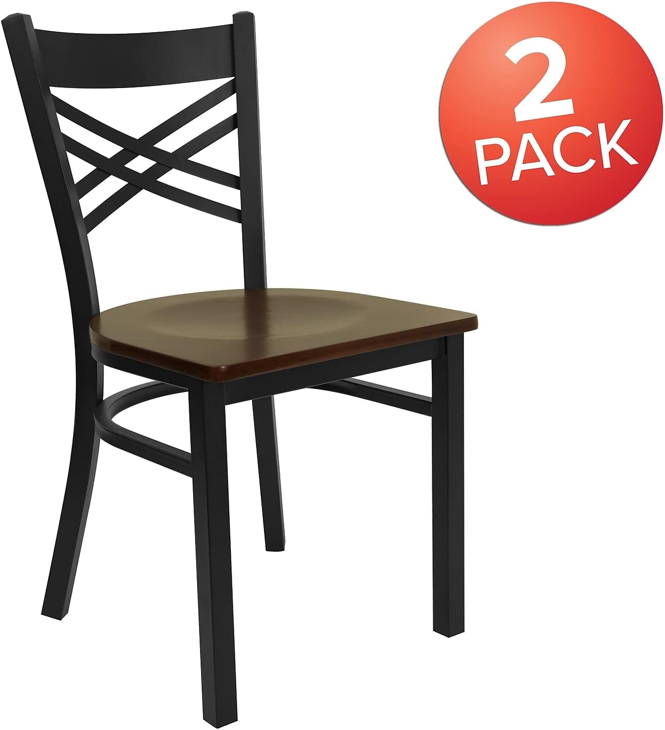 Flash Furniture 2 Pack HERCULES Series Black ''X'' Back Metal Restaurant Chair - Mahogany Wood Seat