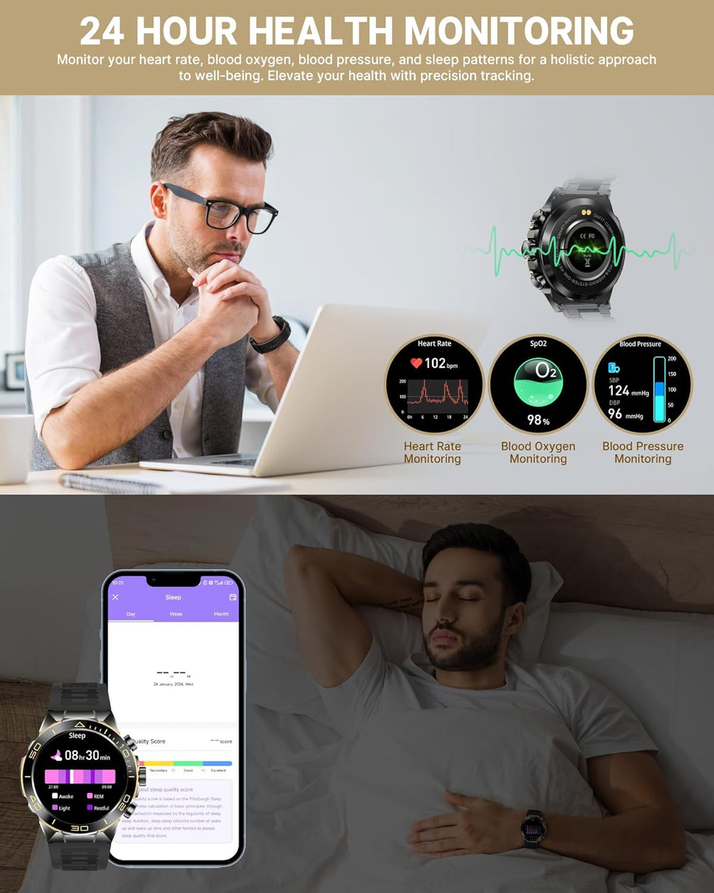 Smart Watch for Men Answer/Make Call for Android iPhone  1.43" AMOLED HD Screen Mens Luxury Watch  400mAh Heavy Duty Smartwatch Heart Rate Blood Oxygen Blood Pressure Sleep Monitor Pedometer  2 Straps
