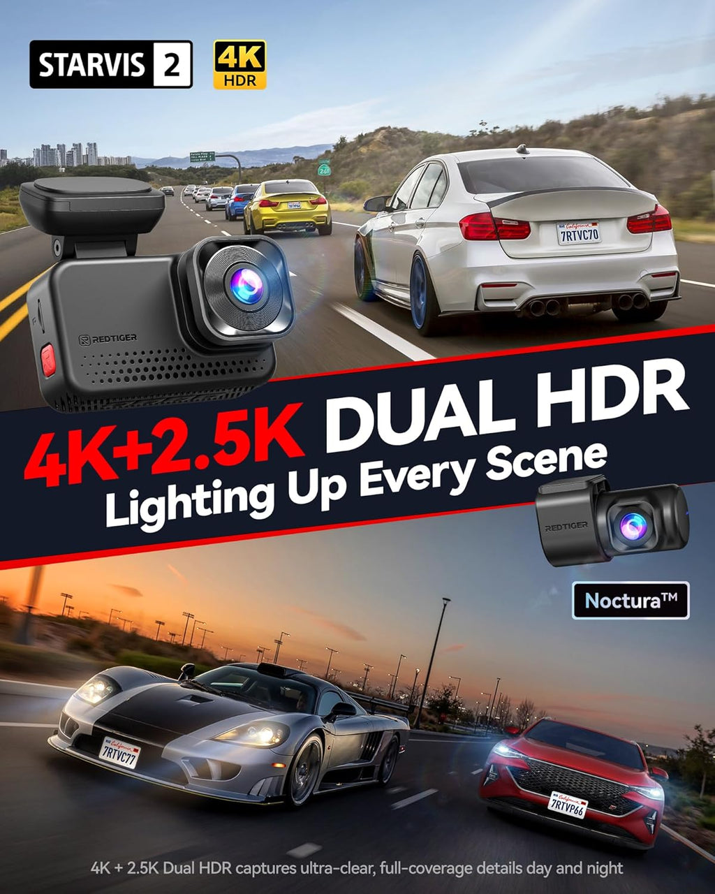 REDTIGER ViewClear 70 4K+2.5K Dash Cam Front and Rear  8MP STARVIS 2 IMX678 x Noctura™ Sensor  Dual HDR Hyper Night Clarity  5.8GHz WiFi 6  30MB/S Fast Download  Dash Camera with 24H Parking Monitor