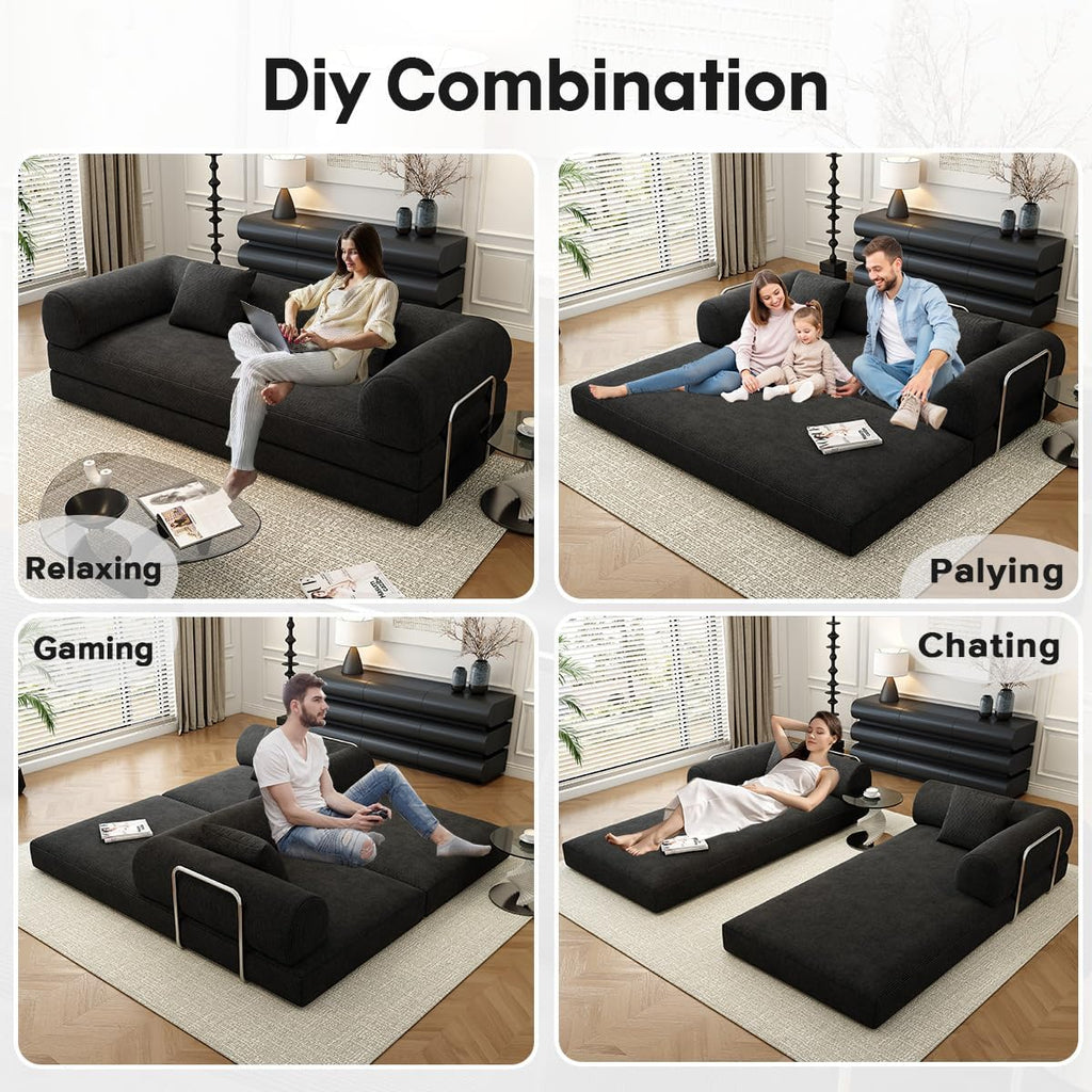 78.8" Modular Sofa Bed - 4-in-1 Convertible Design with Corduroy Fabric and High Density Sponge, Removable Cover and Fixed Frame