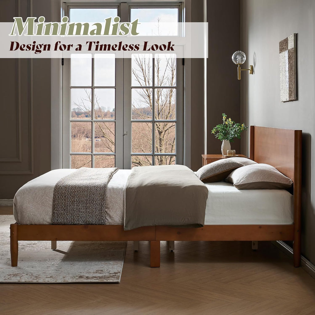 AMERLIFE Solid Wood Queen Bed Frame, Mid Century Modern Platform Bed with Full Panel Headboard, Wooden Bed with Cylindrical Legs, No Box Spring Needed & Noise-Free, Brown Walnut