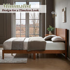 AMERLIFE Solid Wood Queen Bed Frame, Mid Century Modern Platform Bed with Full Panel Headboard, Wooden Bed with Cylindrical Legs, No Box Spring Needed & Noise-Free, Brown Walnut