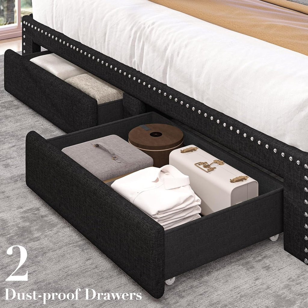 Linen Full Size Bed Frame with 2-Tier Storage Headboard and Charging Station, Upholstered Platform Bed Frames with 2 Storage Drawers, Wooden Slats Support, No Box Spring Needed, Black