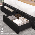 Linen Full Size Bed Frame with 2-Tier Storage Headboard and Charging Station, Upholstered Platform Bed Frames with 2 Storage Drawers, Wooden Slats Support, No Box Spring Needed, Black