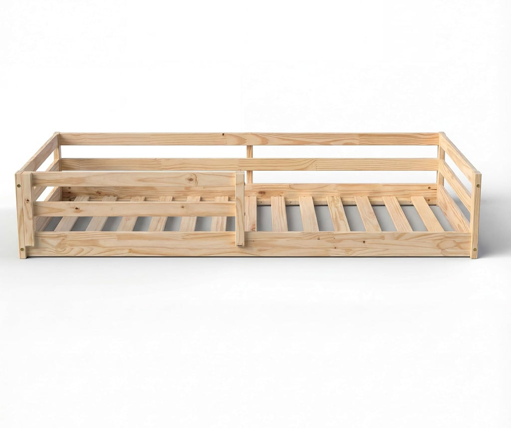 From the Tree Furniture Twin Size Floor Bed Frame, Solid Wood Montessori Bed for Toddlers & Kids, Low Platform Bed with Slats, Adult Weight Capacity, White or Unfinished (Unfinished)