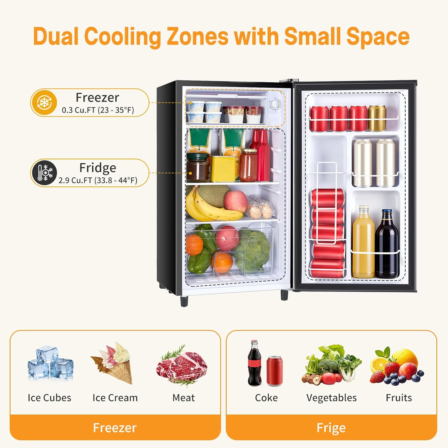 Mini Fridge with Freezer, 3.2 Cu.Ft Mini Refrigerators, Small Beverage Fridge with Adjustable Thermostat, for Bedroom, Office, Dorm, Single Door, Quiet & Energy Saving, Silver