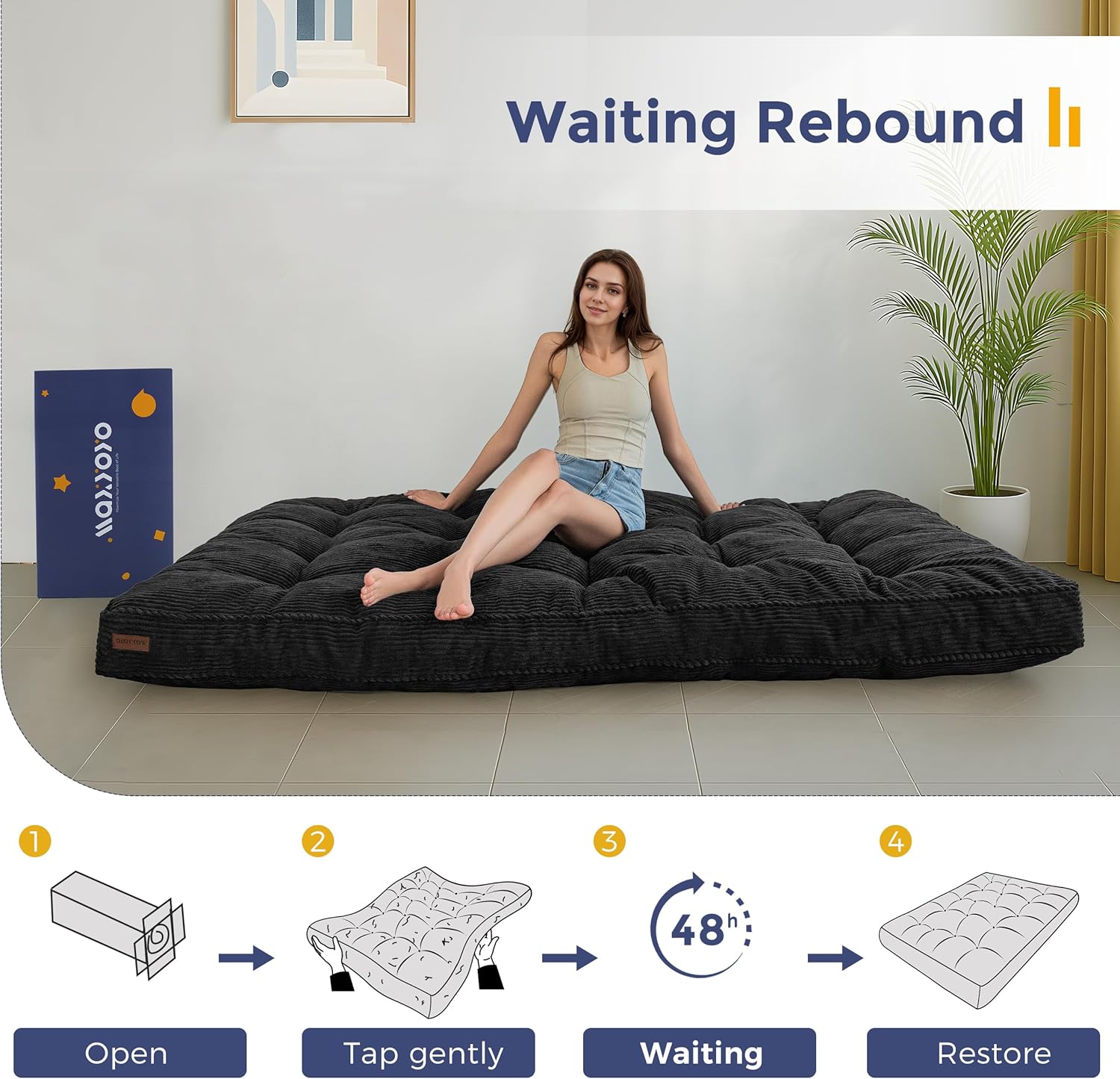 MAXYOYO 6" Futon Mattress Full Size, Tufted Futons Sofa Couch Bed with Twisted Rope Design Edging, Thick Corded Fabric Floor Mattress for Adults, Shredded Foam Filling (Frame Not Included), Black