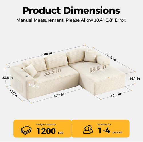 108” Cloud Sectional Couch, Modern Modular Sectional Sofa with Deep Seat, Corduroy Boneless Couches with Chaise, L-Shaped Sofa for Living Room, 4 Storage Pockets (Right Facing Chaise, Beige)