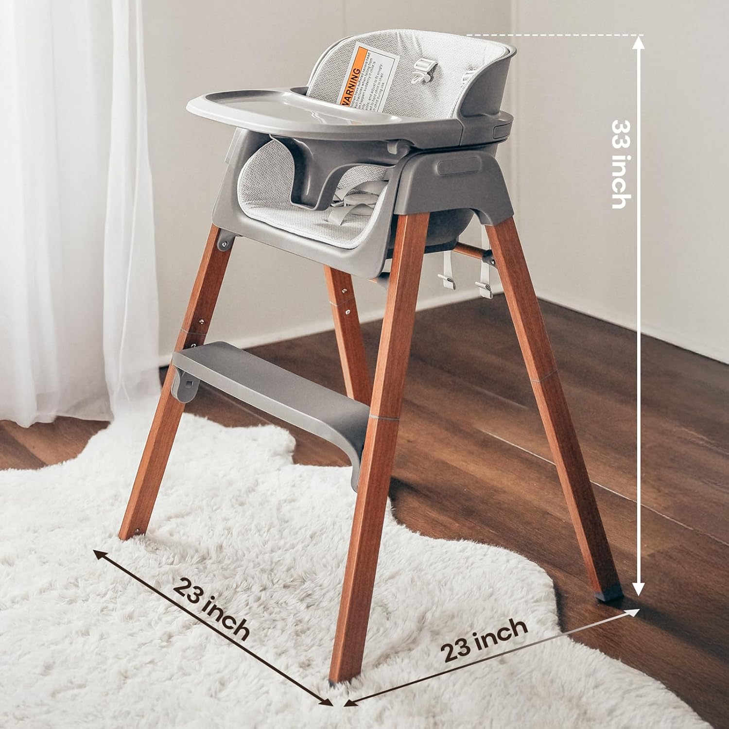 Fodoss Baby High Chair, Light Gray, 4-in-1 Foldable Design, Sturdy Metal Square Tube with Wood Grain, Removable Dishwasher Safe Tray, 5-Point Harness, Waterproof Cushion