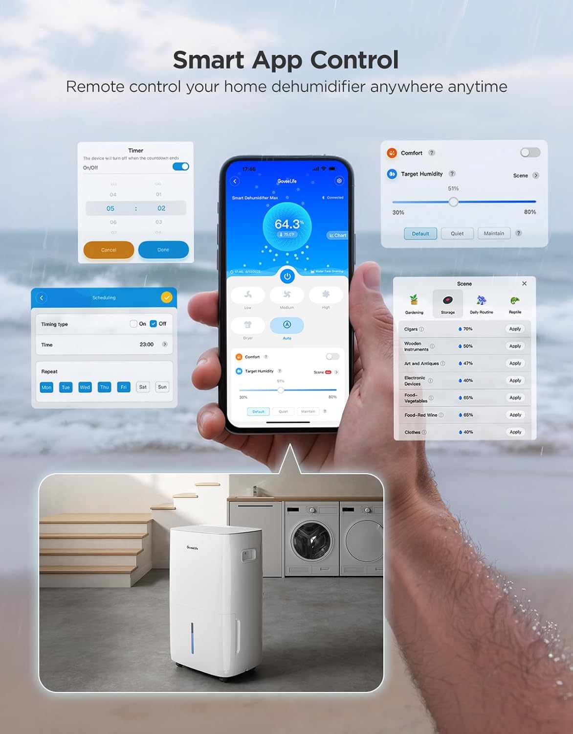 GoveeLife Dehumidifier for Home 4,500 Sq. Ft. 50 to 137 Pint with Pump, Drain Hose, Smart Dehumidifier for Basement with Humidity Control, Auto Shut Off/Defrost, 5 Modes, Bedroom, Bathroom, Garage